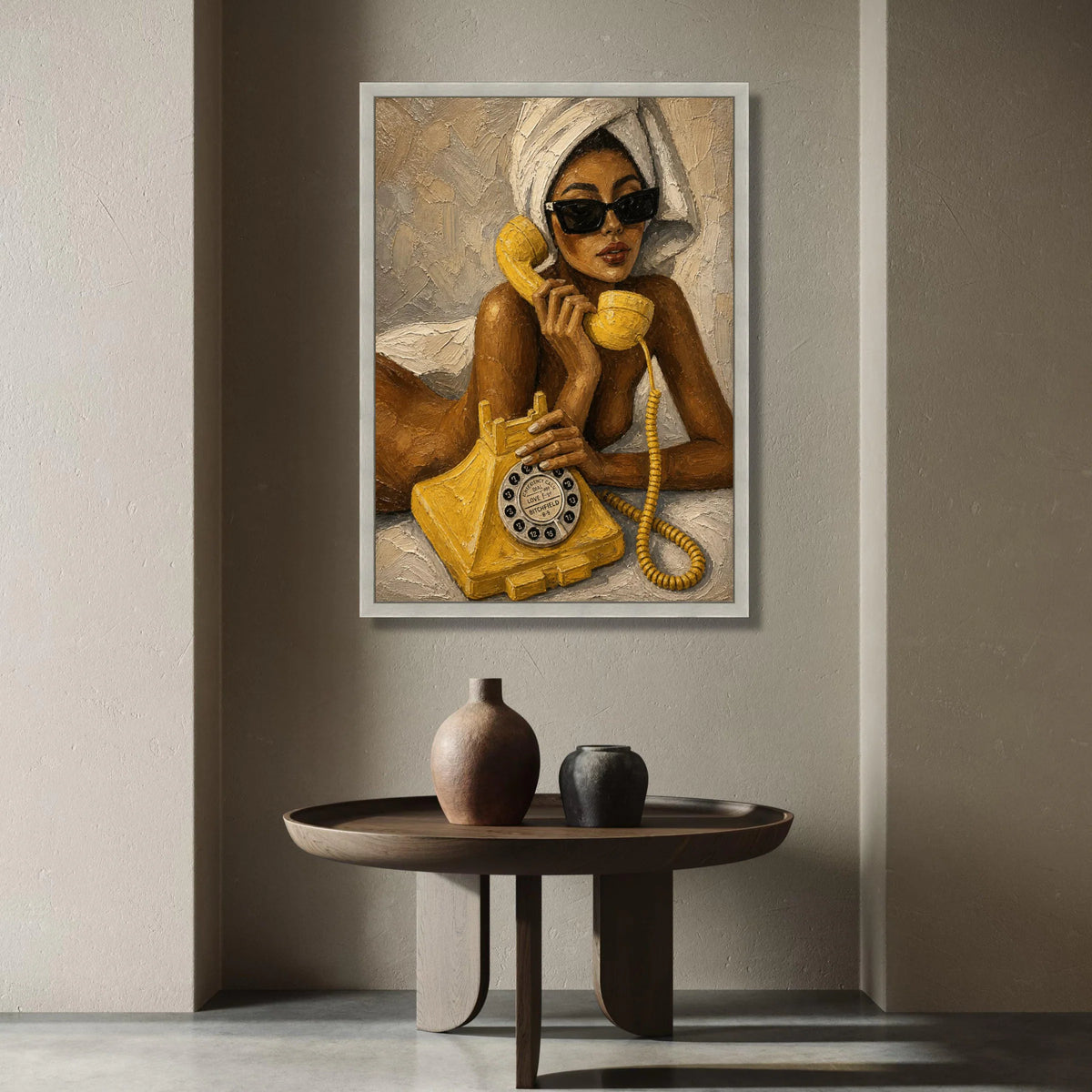 Retro Phone Call Canvas Wall Art, Woman with Sunglasses and Towel, Vintage Yellow Telephone Painting, Modern Glamour Home Canvas Print Art