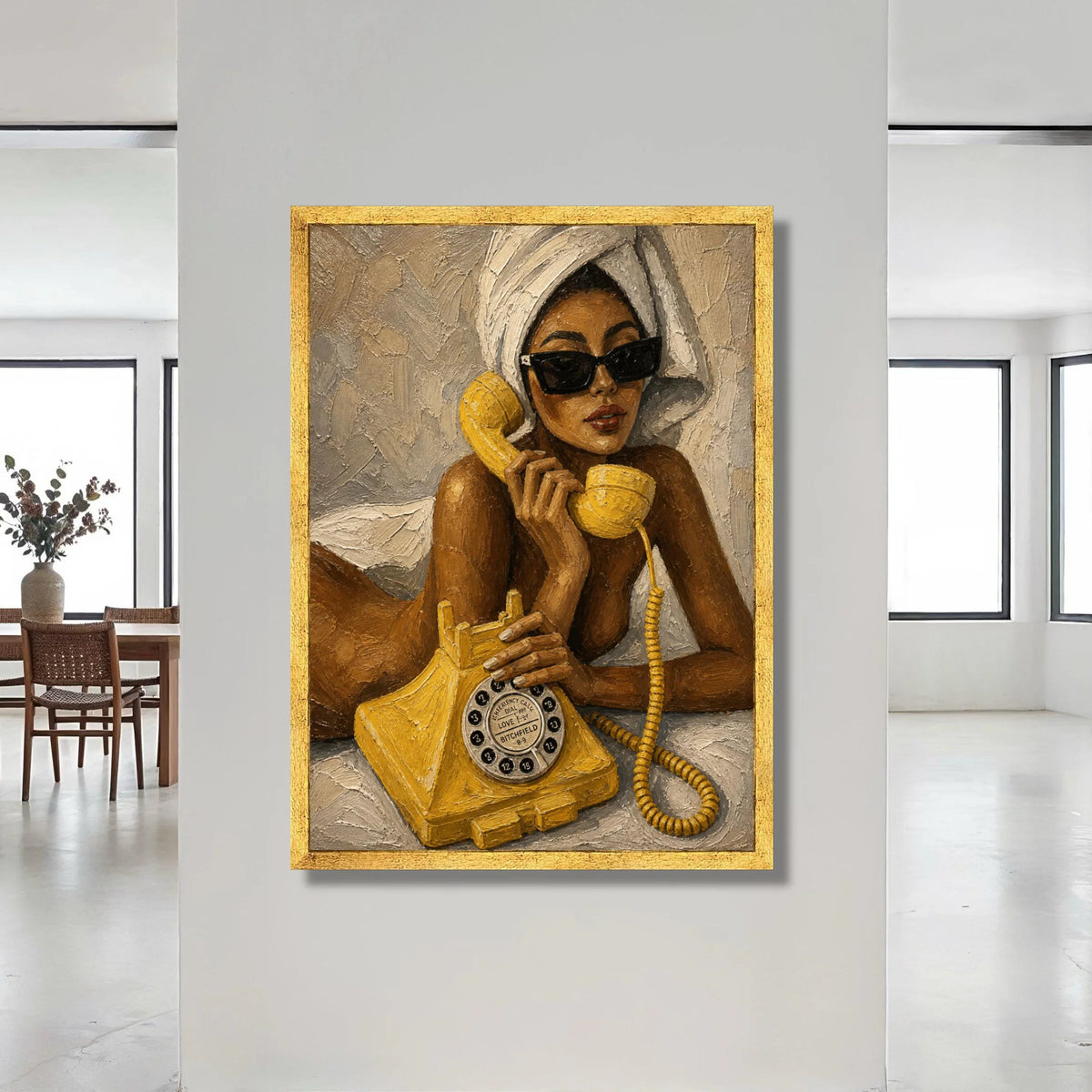 Retro Phone Call Canvas Wall Art, Woman with Sunglasses and Towel, Vintage Yellow Telephone Painting, Modern Glamour Home Canvas Print Art