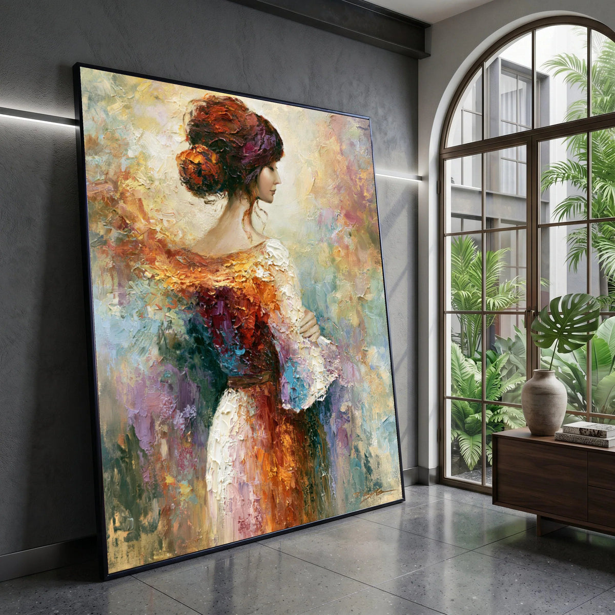 Elegant Woman Profile Canvas, Vintage Style Portrait Painting, Colorful Abstract Background, Classic Female Wall Art, Ready Canvas Print Art