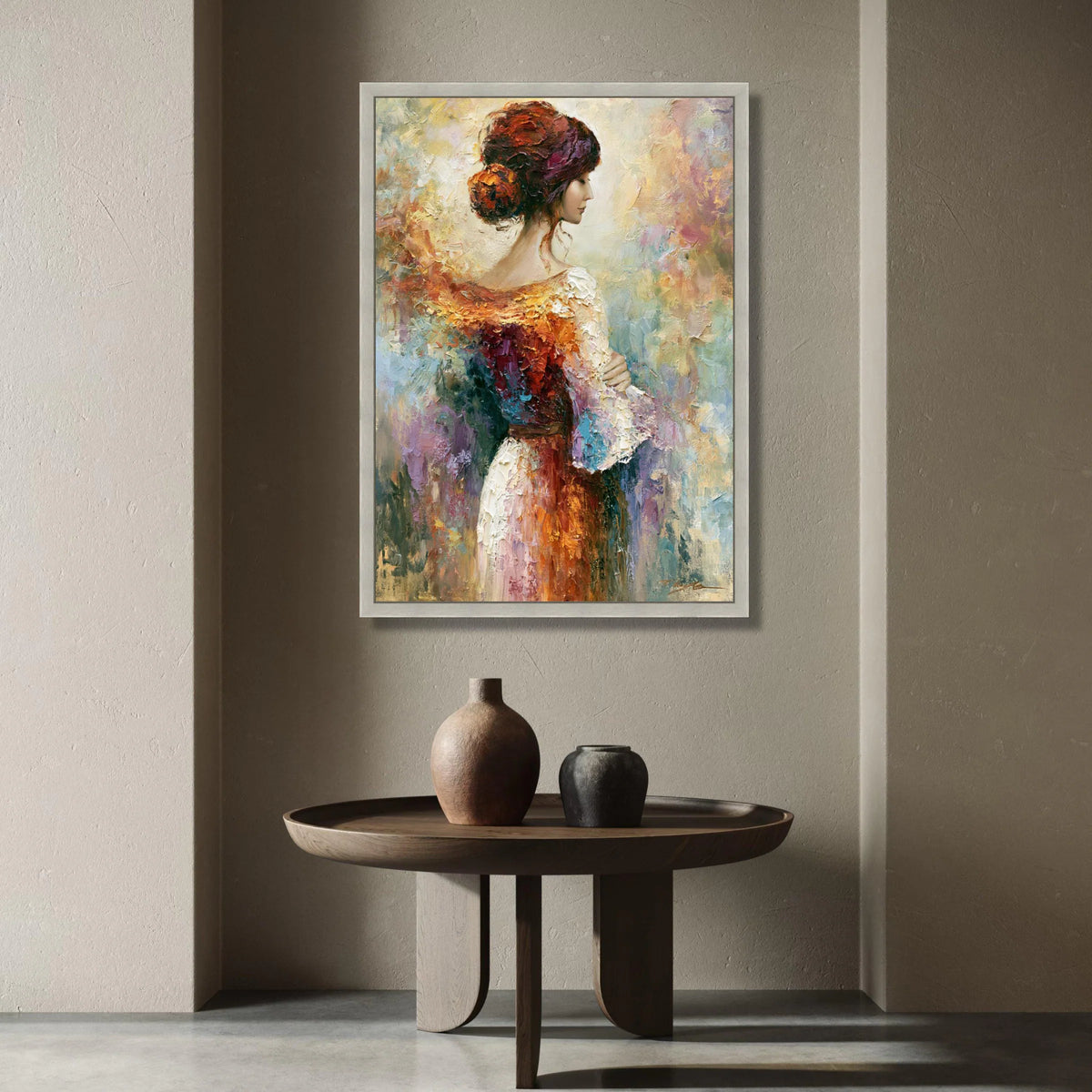 Elegant Woman Profile Canvas, Vintage Style Portrait Painting, Colorful Abstract Background, Classic Female Wall Art, Ready Canvas Print Art