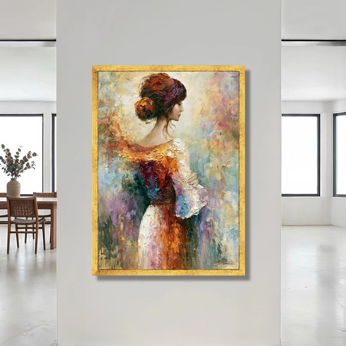 Elegant Woman Profile Canvas, Vintage Style Portrait Painting, Colorful Abstract Background, Classic Female Wall Art, Ready Canvas Print Art