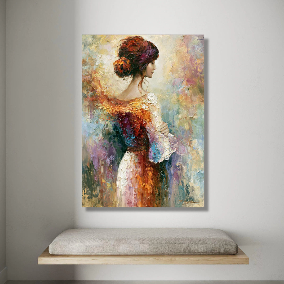 Elegant Woman Profile Canvas, Vintage Style Portrait Painting, Colorful Abstract Background, Classic Female Wall Art, Ready Canvas Print Art
