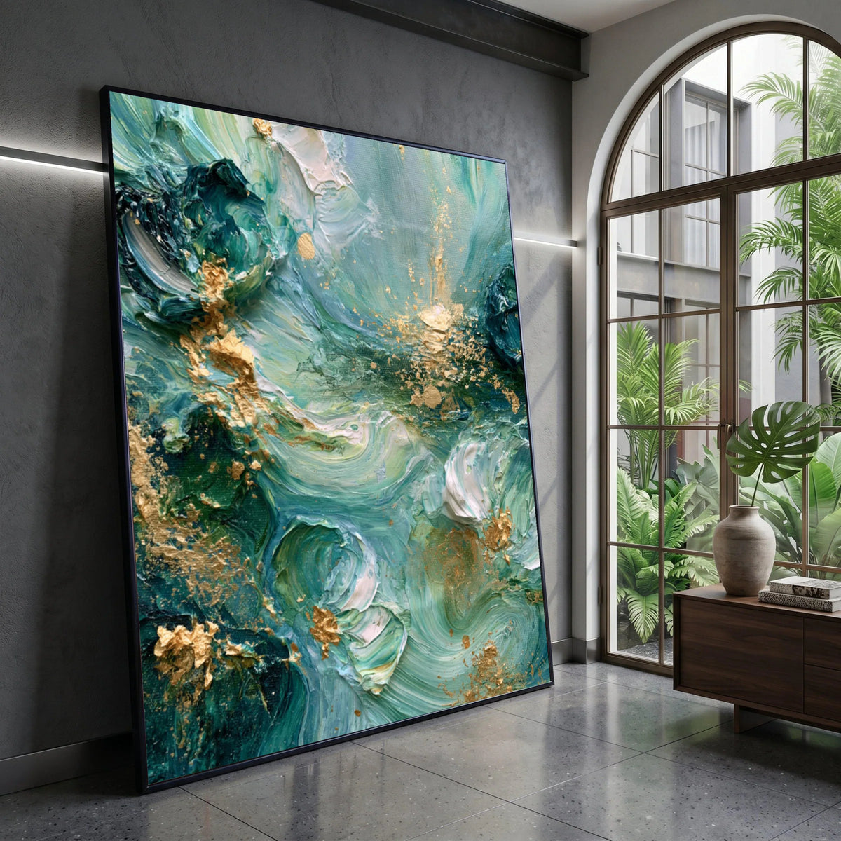 Abstract Swirling Seafoam Green Canvas Art, Modern Floral Accents, Blue and Gold Wall Decoration, Elegant Home Canvas, Canvas Print Art