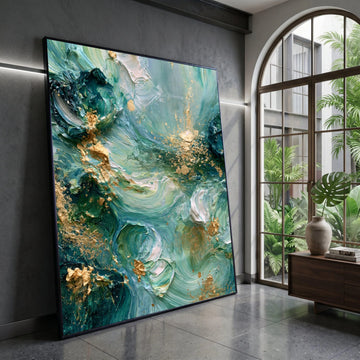 Abstract Swirling Seafoam Green Canvas Art, Modern Floral Accents, Blue and Gold Wall Decoration, Elegant Home Canvas, Canvas Print Art