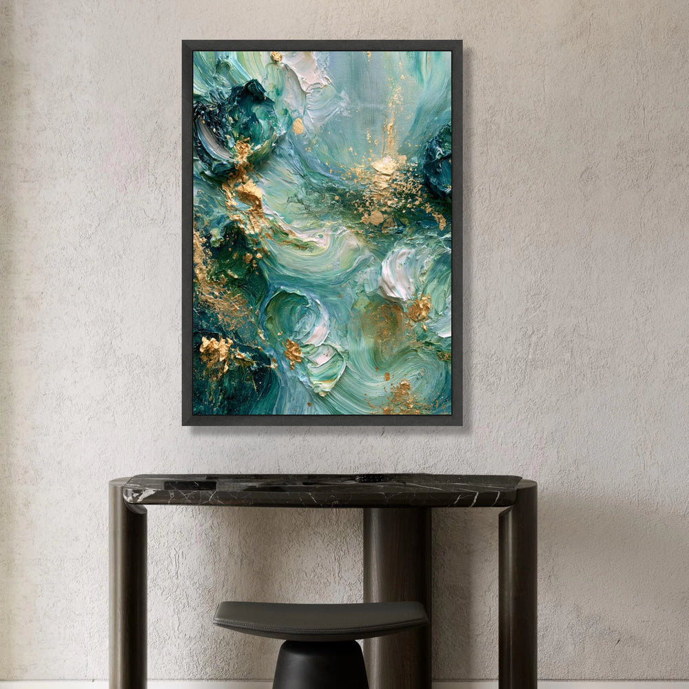 Abstract Swirling Seafoam Green Canvas Art, Modern Floral Accents, Blue and Gold Wall Decoration, Elegant Home Canvas, Canvas Print Art
