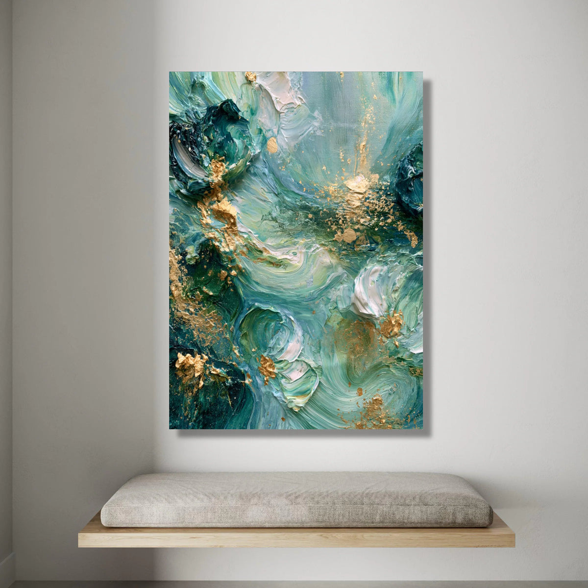 Abstract Swirling Seafoam Green Canvas Art, Modern Floral Accents, Blue and Gold Wall Decoration, Elegant Home Canvas, Canvas Print Art