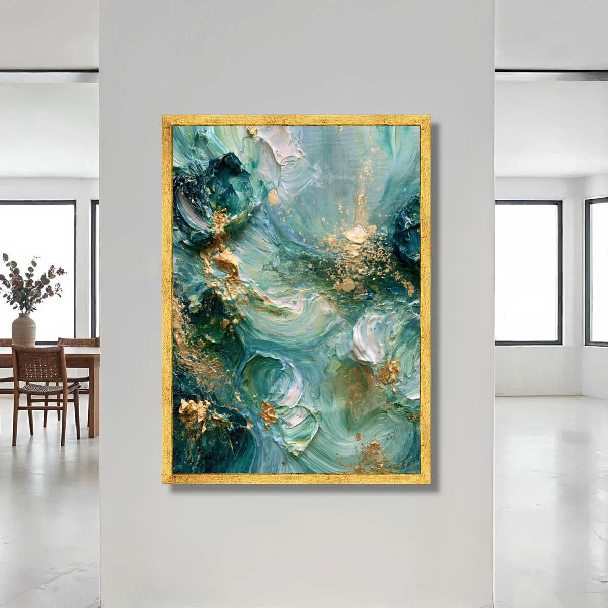 Abstract Swirling Seafoam Green Canvas Art, Modern Floral Accents, Blue and Gold Wall Decoration, Elegant Home Canvas, Canvas Print Art