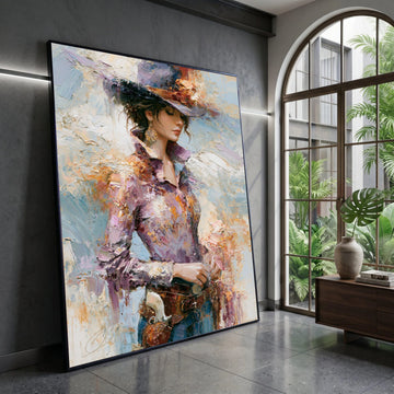 Elegant Western Woman Canvas Wall Art, Vintage Cowgirl Portrait, Rustic Fashion Painting, Chic Home Decoration, Ready to Canvas Print Art