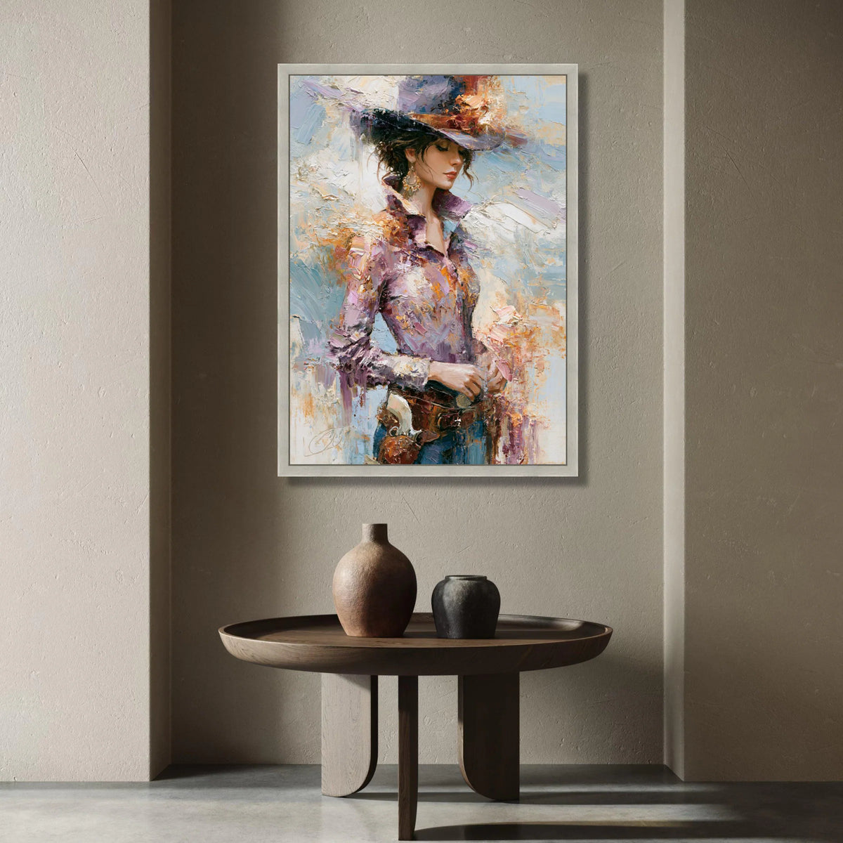 Elegant Western Woman Canvas Wall Art, Vintage Cowgirl Portrait, Rustic Fashion Painting, Chic Home Decoration, Ready to Canvas Print Art