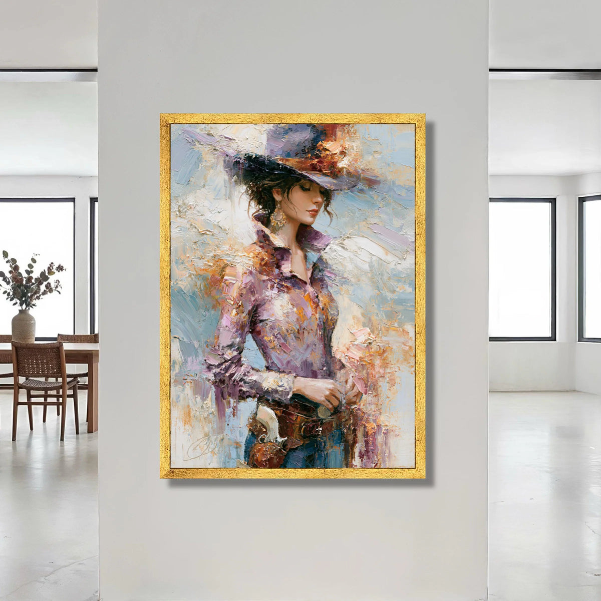 Elegant Western Woman Canvas Wall Art, Vintage Cowgirl Portrait, Rustic Fashion Painting, Chic Home Decoration, Ready to Canvas Print Art