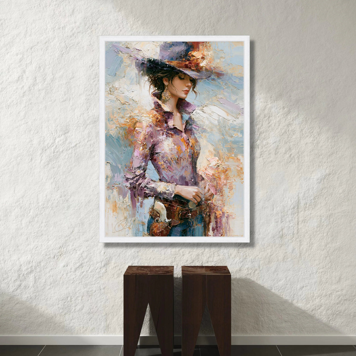 Elegant Western Woman Canvas Wall Art, Vintage Cowgirl Portrait, Rustic Fashion Painting, Chic Home Decoration, Ready to Canvas Print Art