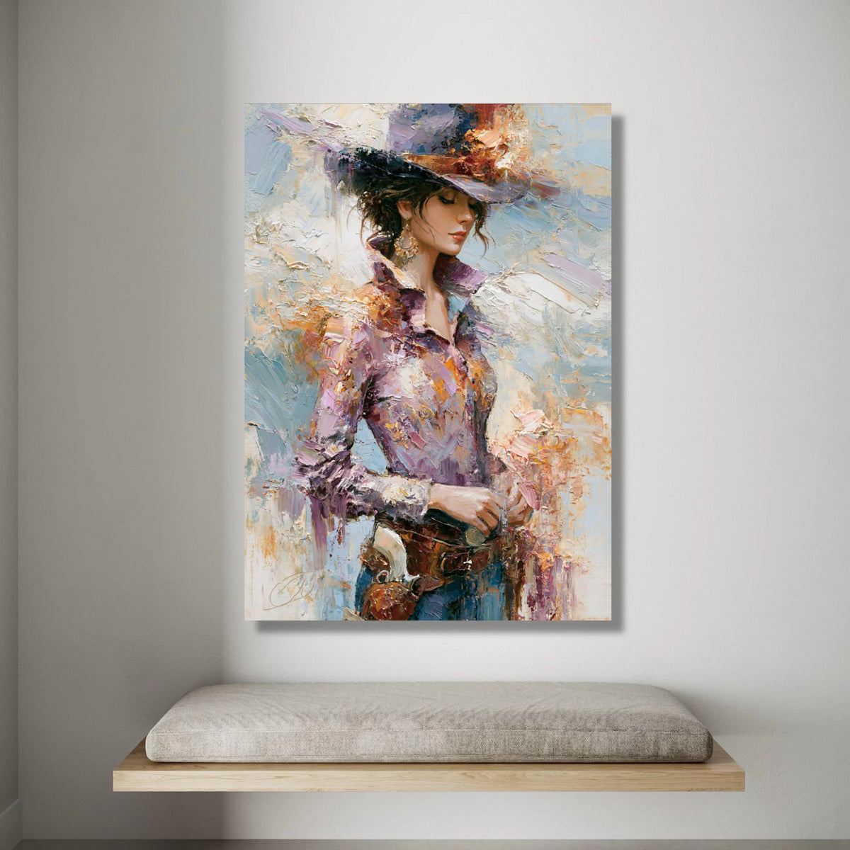 Elegant Western Woman Canvas Wall Art, Vintage Cowgirl Portrait, Rustic Fashion Painting, Chic Home Decoration, Ready to Canvas Print Art