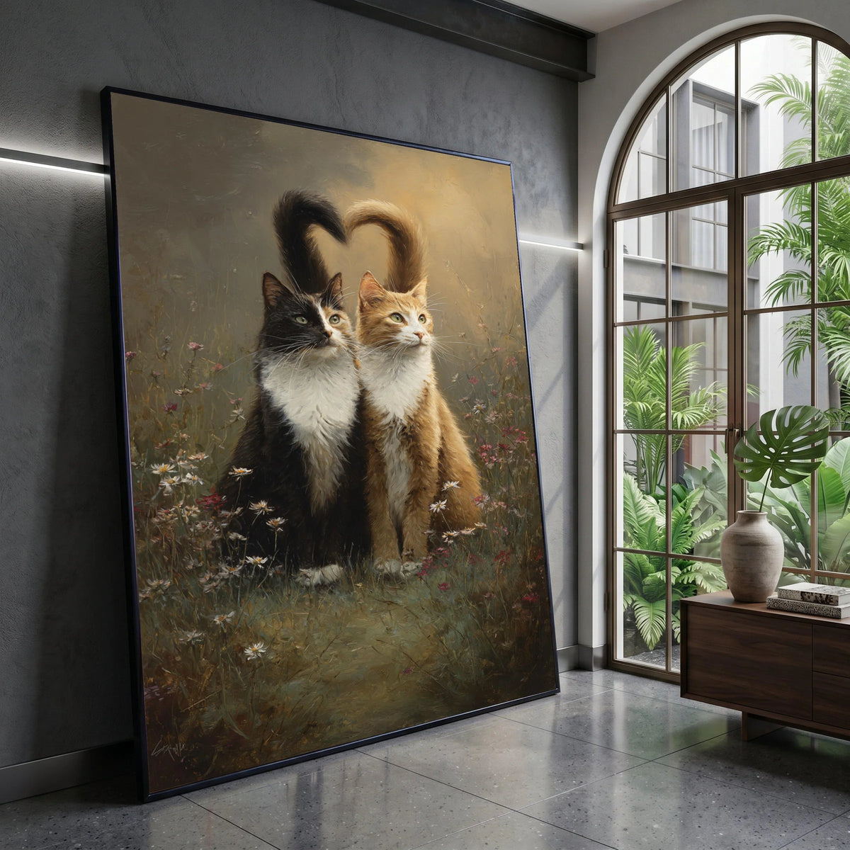 Two Cats Sitting Among Flowers with Heart Shaped Tails Canvas, Romantic Animal Canvas Wall Art, Cat Lovers Decoration, Canvas Print Art