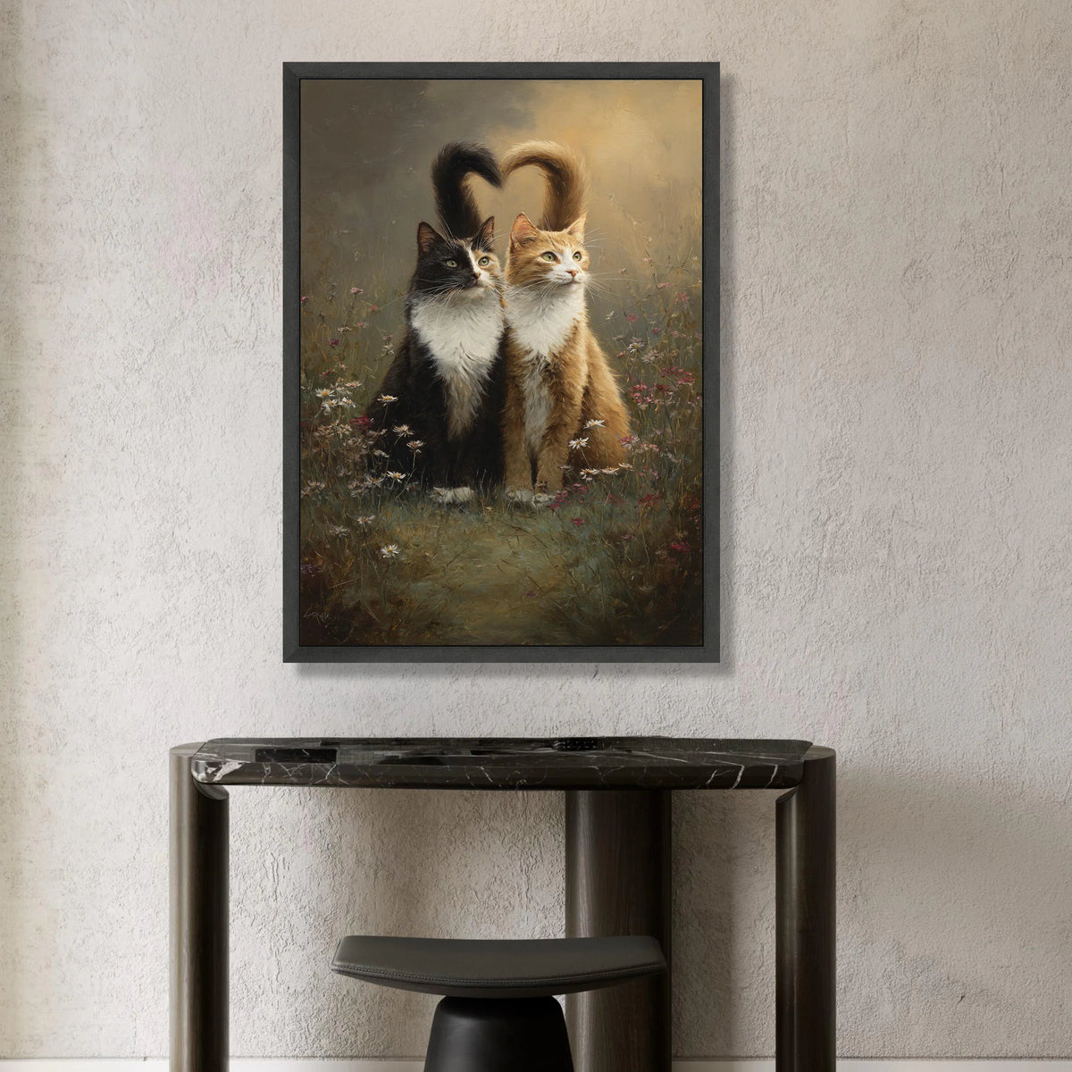 Two Cats Sitting Among Flowers with Heart Shaped Tails Canvas, Romantic Animal Canvas Wall Art, Cat Lovers Decoration, Canvas Print Art