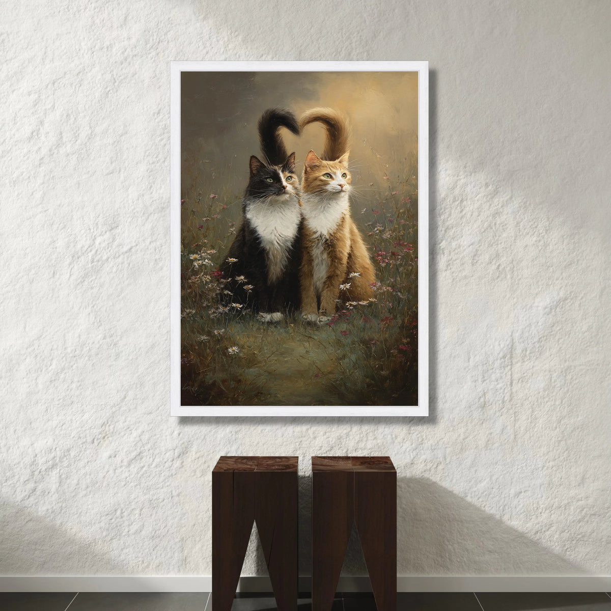 Two Cats Sitting Among Flowers with Heart Shaped Tails Canvas, Romantic Animal Canvas Wall Art, Cat Lovers Decoration, Canvas Print Art