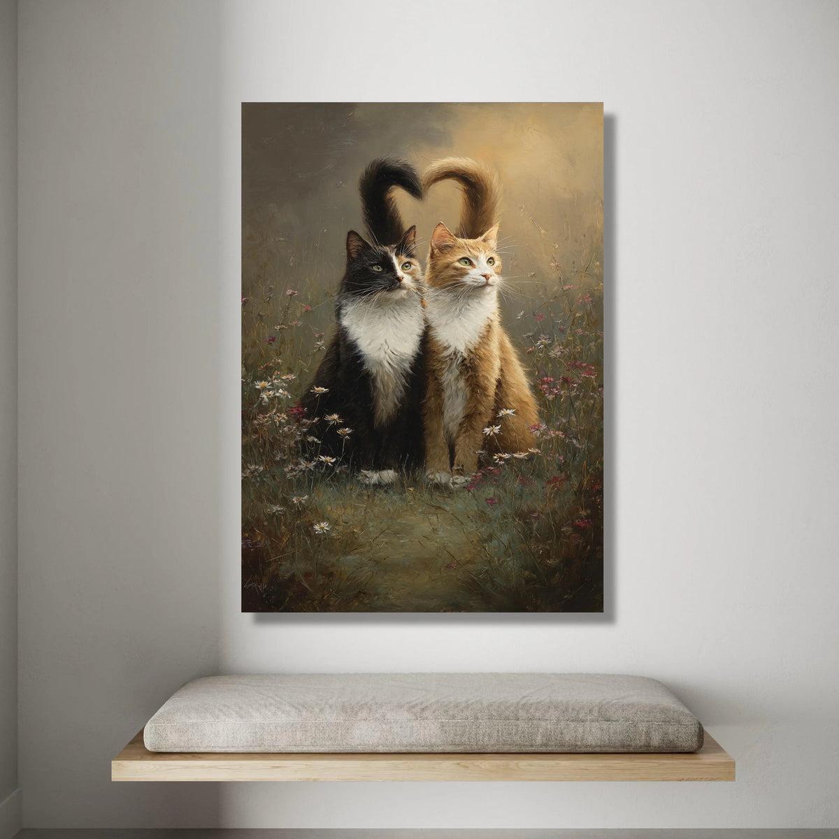 Two Cats Sitting Among Flowers with Heart Shaped Tails Canvas, Romantic Animal Canvas Wall Art, Cat Lovers Decoration, Canvas Print Art