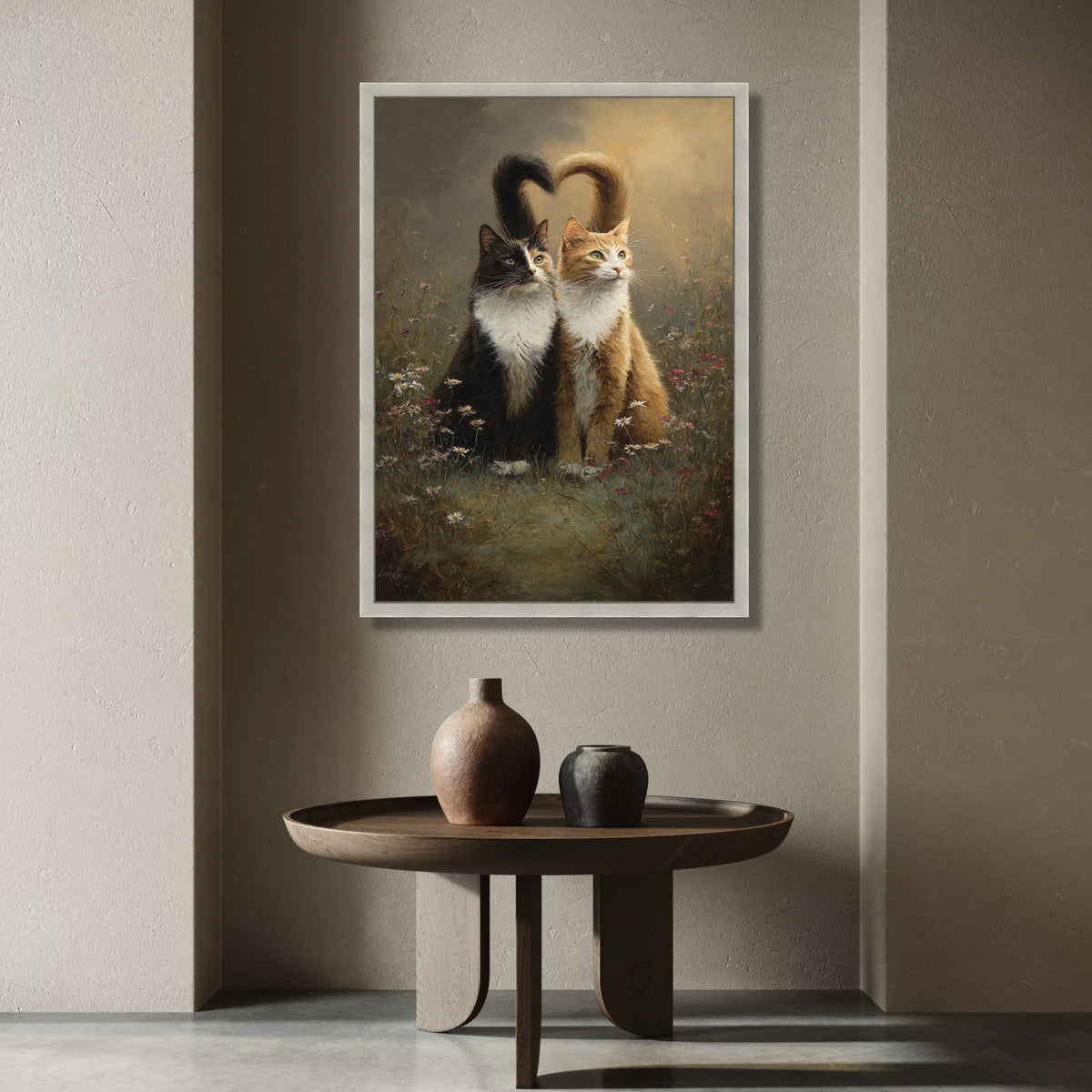 Two Cats Sitting Among Flowers with Heart Shaped Tails Canvas, Romantic Animal Canvas Wall Art, Cat Lovers Decoration, Canvas Print Art