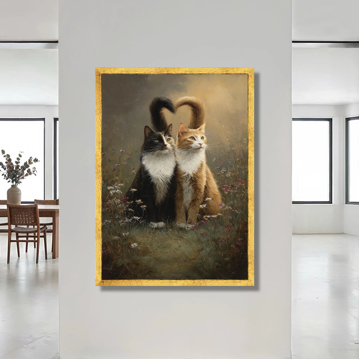 Two Cats Sitting Among Flowers with Heart Shaped Tails Canvas, Romantic Animal Canvas Wall Art, Cat Lovers Decoration, Canvas Print Art