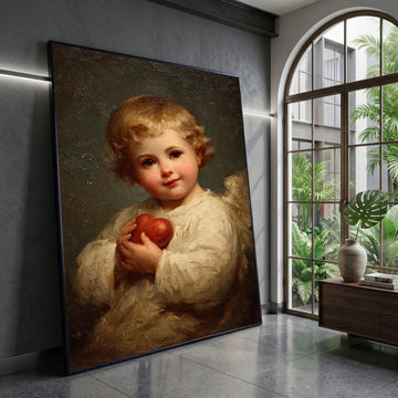 Adorable Cherub Holding Red Heart Canvas, Angelic Child Wall Art, Romantic Home Decoration, Classic Portrait Canvas, Ready Canvas Print Art