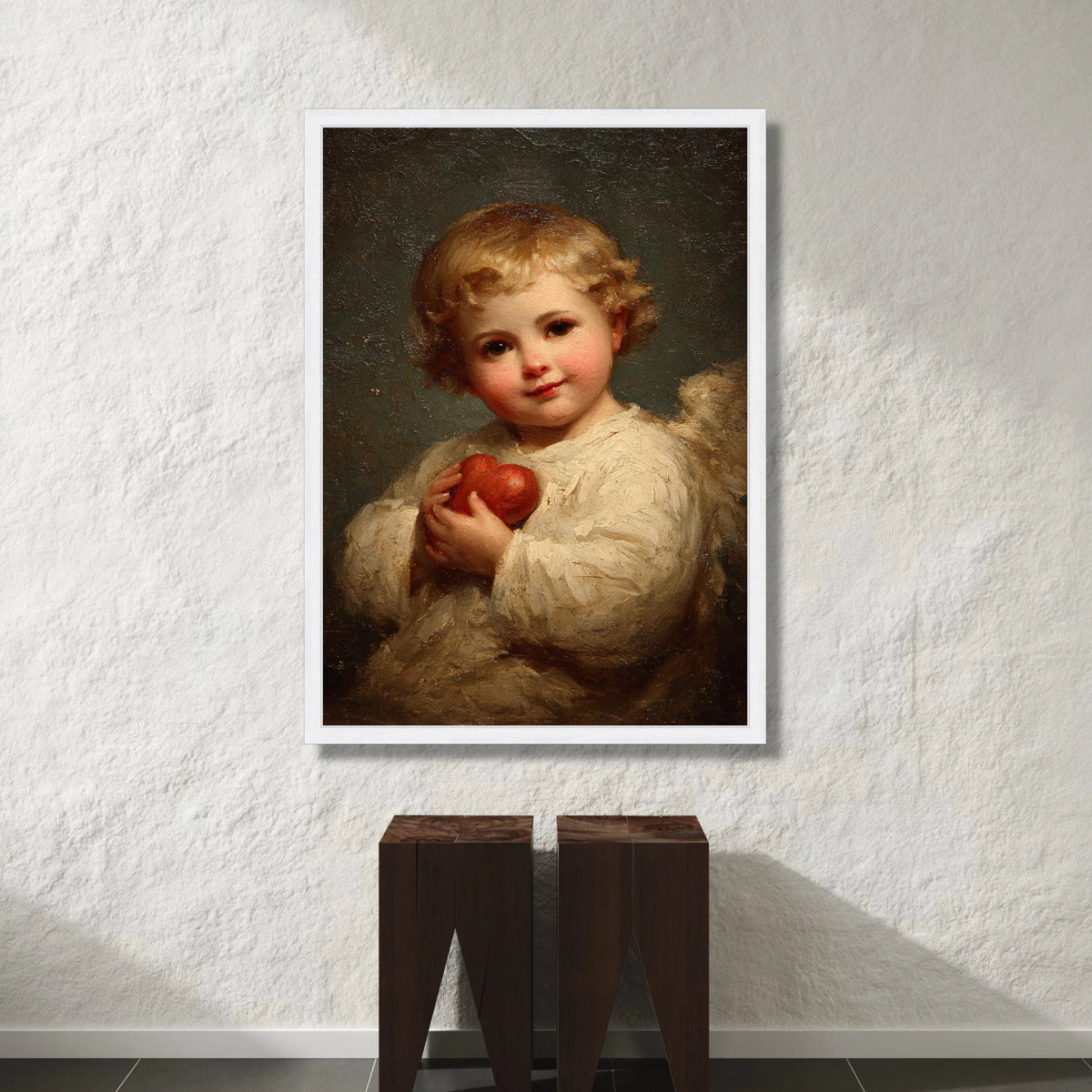 Adorable Cherub Holding Red Heart Canvas, Angelic Child Wall Art, Romantic Home Decoration, Classic Portrait Canvas, Ready Canvas Print Art