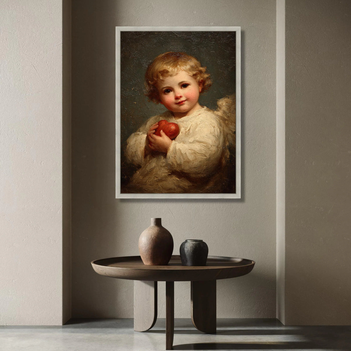 Adorable Cherub Holding Red Heart Canvas, Angelic Child Wall Art, Romantic Home Decoration, Classic Portrait Canvas, Ready Canvas Print Art