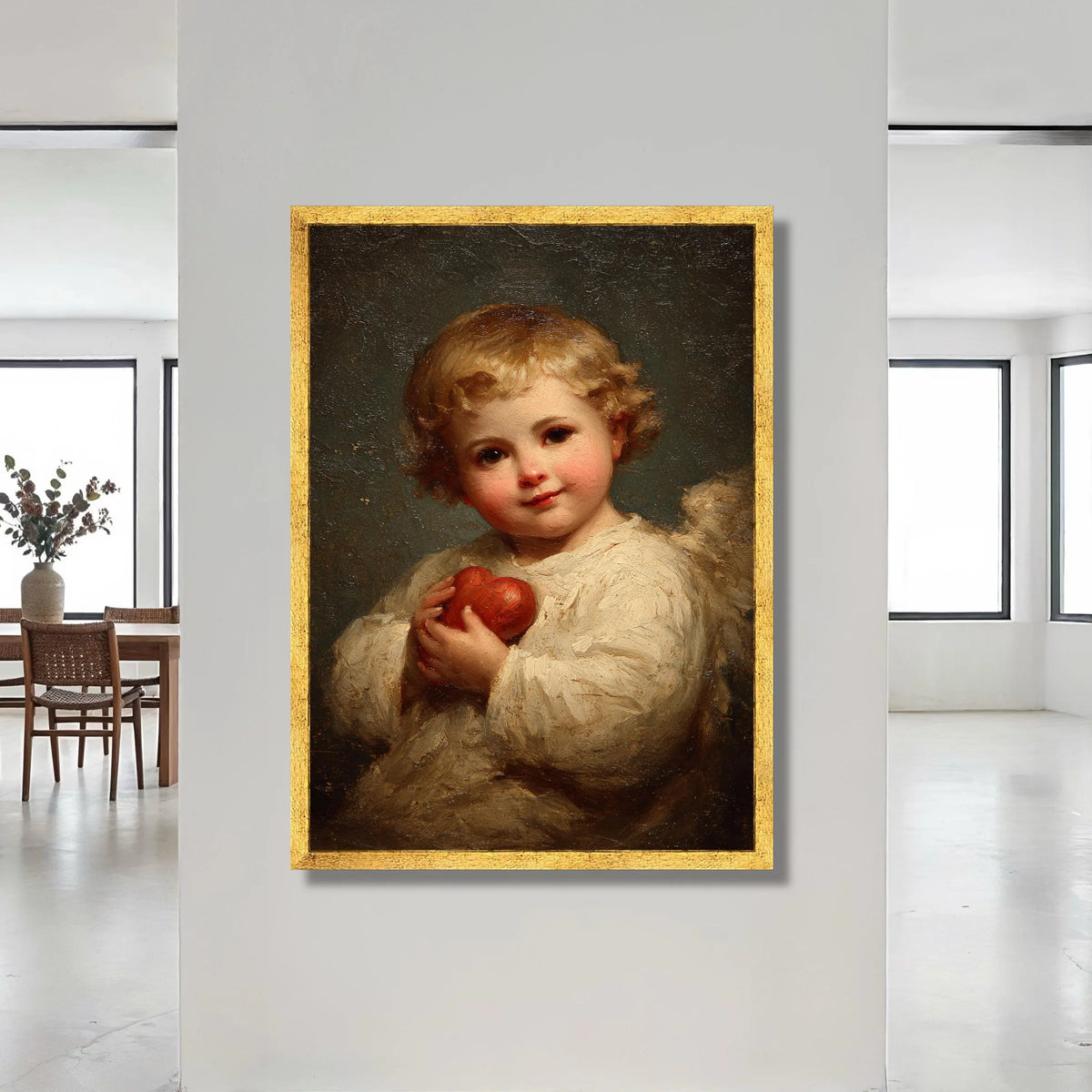 Adorable Cherub Holding Red Heart Canvas, Angelic Child Wall Art, Romantic Home Decoration, Classic Portrait Canvas, Ready Canvas Print Art