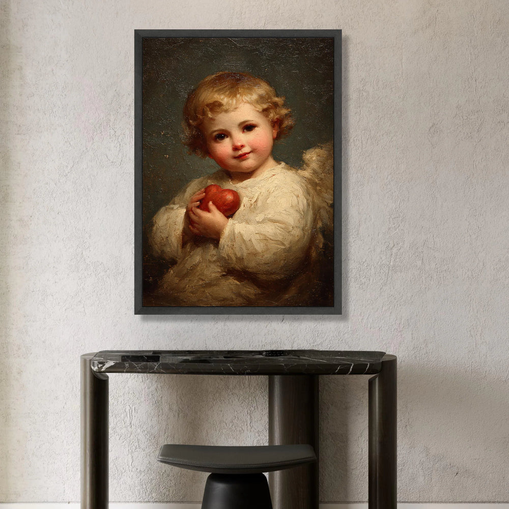 Adorable Cherub Holding Red Heart Canvas, Angelic Child Wall Art, Romantic Home Decoration, Classic Portrait Canvas, Ready Canvas Print Art