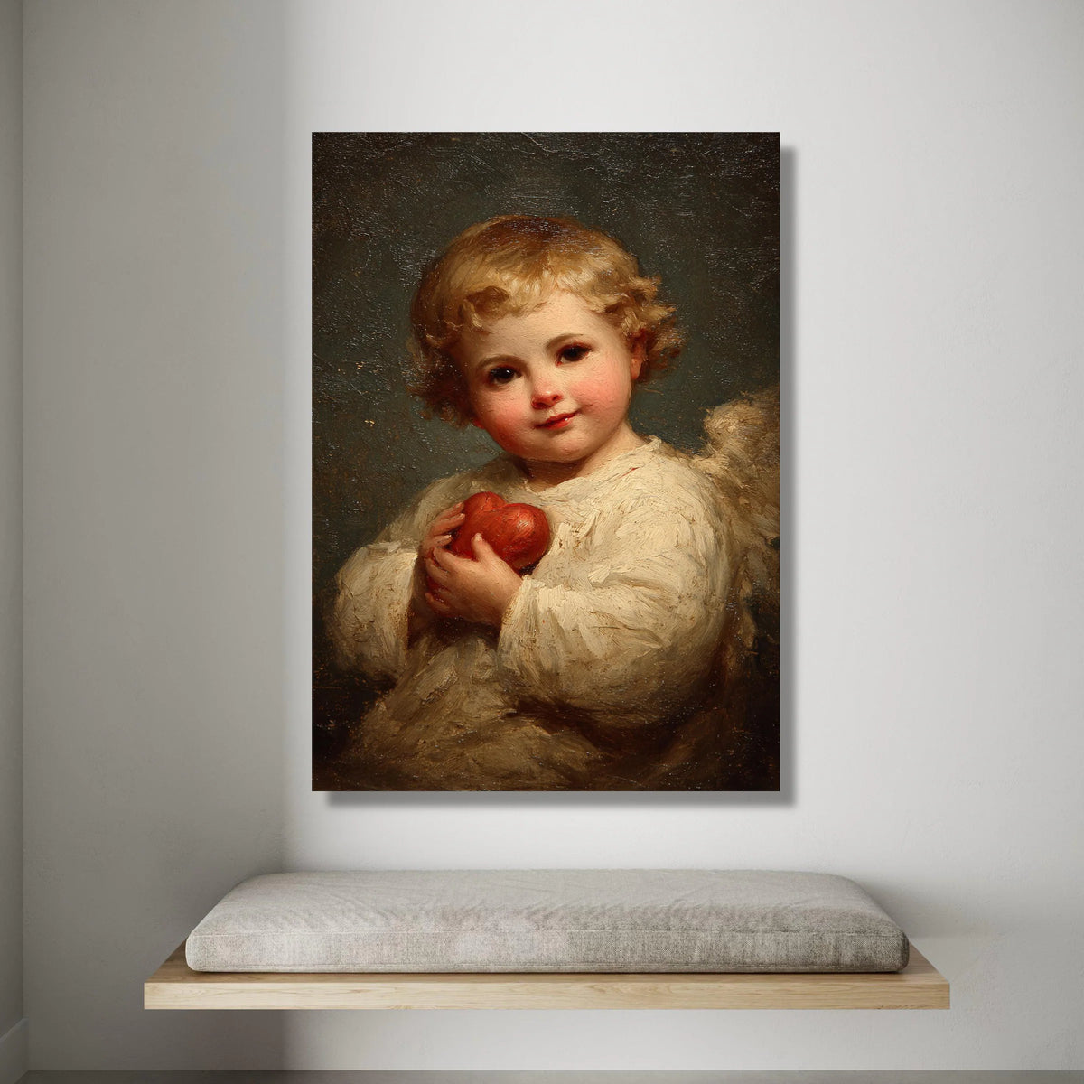 Adorable Cherub Holding Red Heart Canvas, Angelic Child Wall Art, Romantic Home Decoration, Classic Portrait Canvas, Ready Canvas Print Art