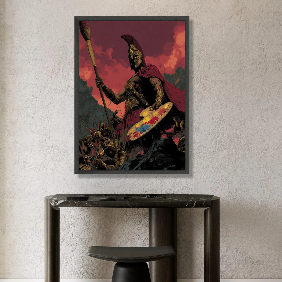 Spartan Warrior with Paintbrush and Palette, Mythical Battle Canvas, Artistic Warrior Wall Art, Dramatic Red Sky Canvas, Canvas Print Art