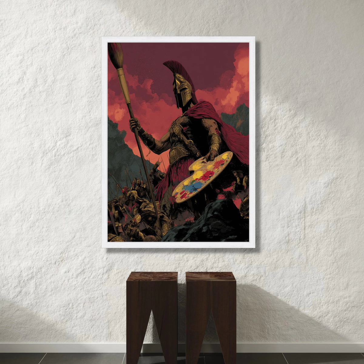 Spartan Warrior with Paintbrush and Palette, Mythical Battle Canvas, Artistic Warrior Wall Art, Dramatic Red Sky Canvas, Canvas Print Art