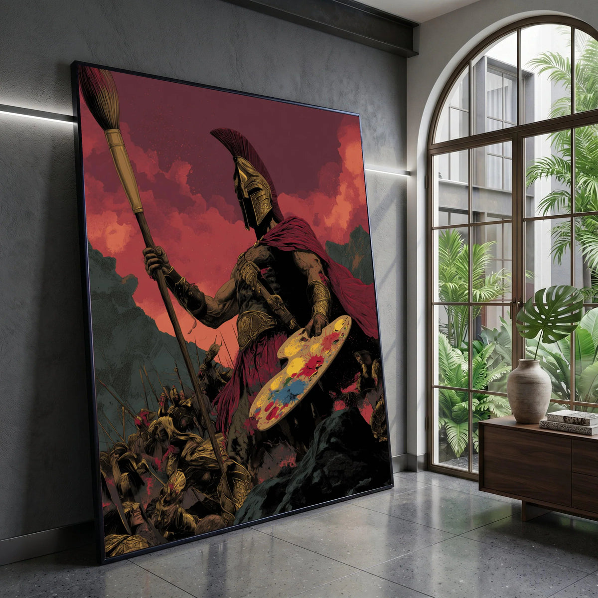 Spartan Warrior with Paintbrush and Palette, Mythical Battle Canvas, Artistic Warrior Wall Art, Dramatic Red Sky Canvas, Canvas Print Art