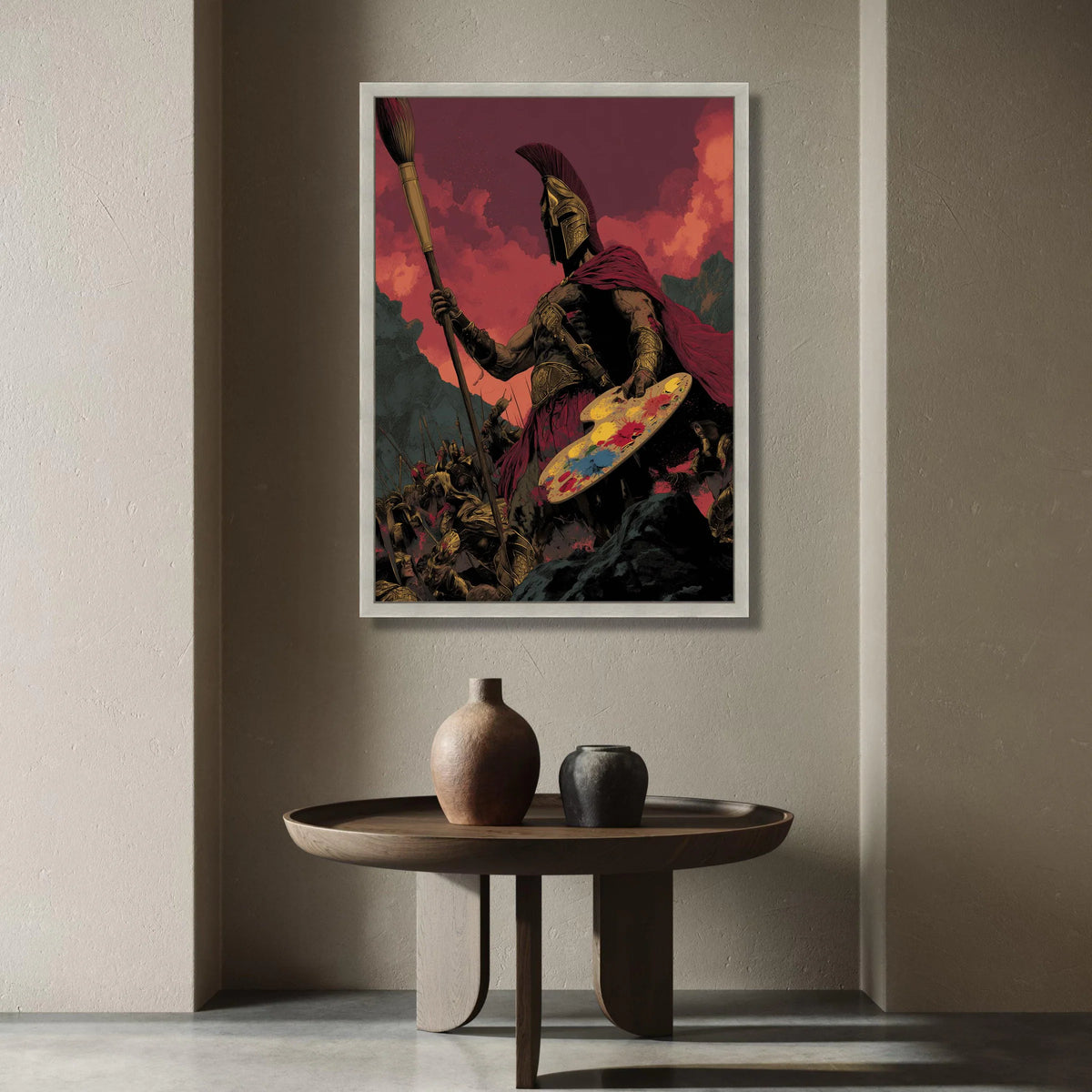 Spartan Warrior with Paintbrush and Palette, Mythical Battle Canvas, Artistic Warrior Wall Art, Dramatic Red Sky Canvas, Canvas Print Art