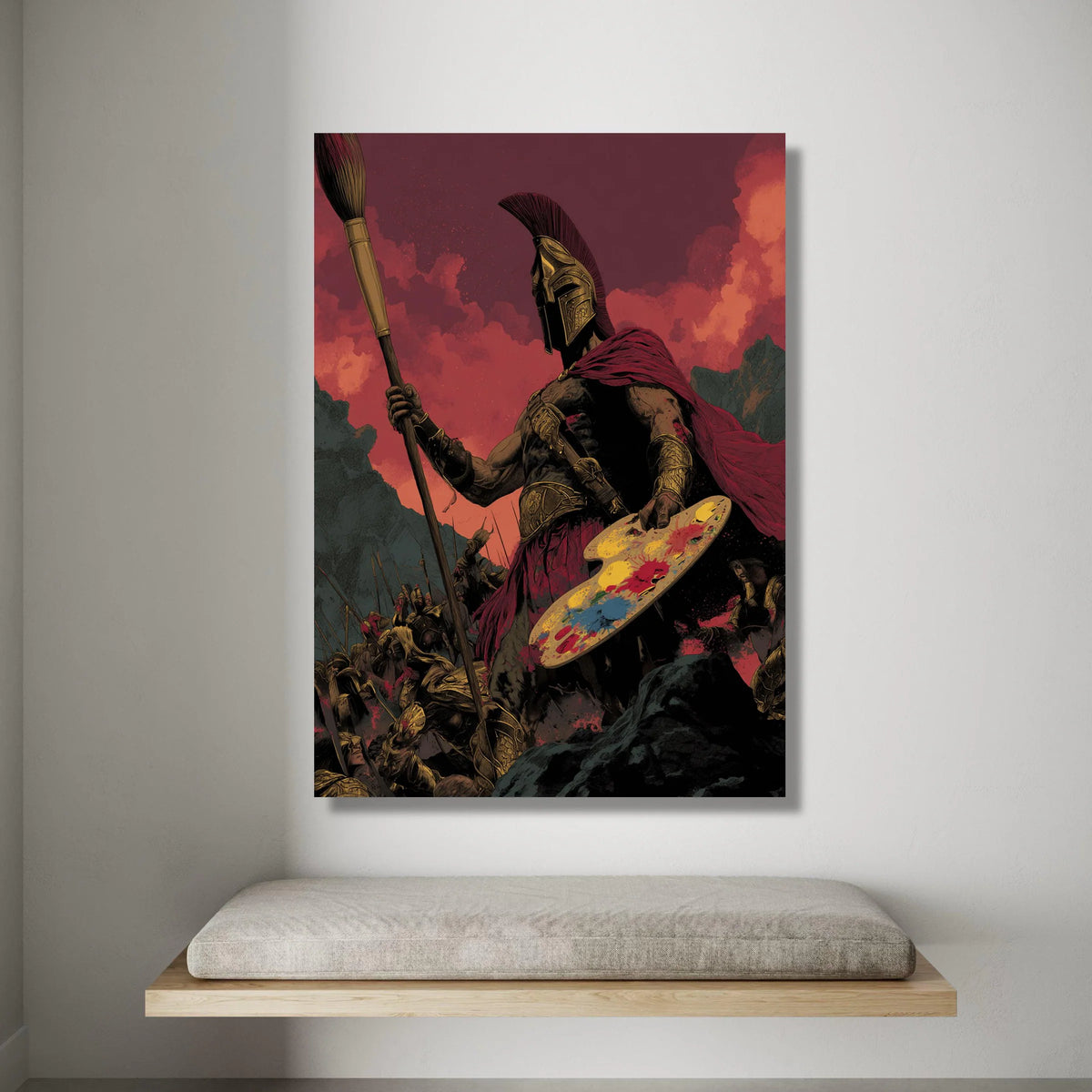 Spartan Warrior with Paintbrush and Palette, Mythical Battle Canvas, Artistic Warrior Wall Art, Dramatic Red Sky Canvas, Canvas Print Art