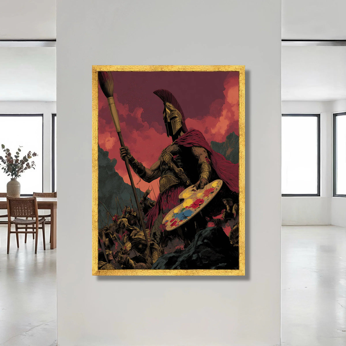 Spartan Warrior with Paintbrush and Palette, Mythical Battle Canvas, Artistic Warrior Wall Art, Dramatic Red Sky Canvas, Canvas Print Art