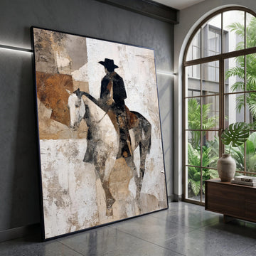 Western Cowboy Rider Canvas Wall Art, Rustic Equestrian Painting, Vintage Horse Silhouette, Western Home Decor Canvas, Canvas Print Art