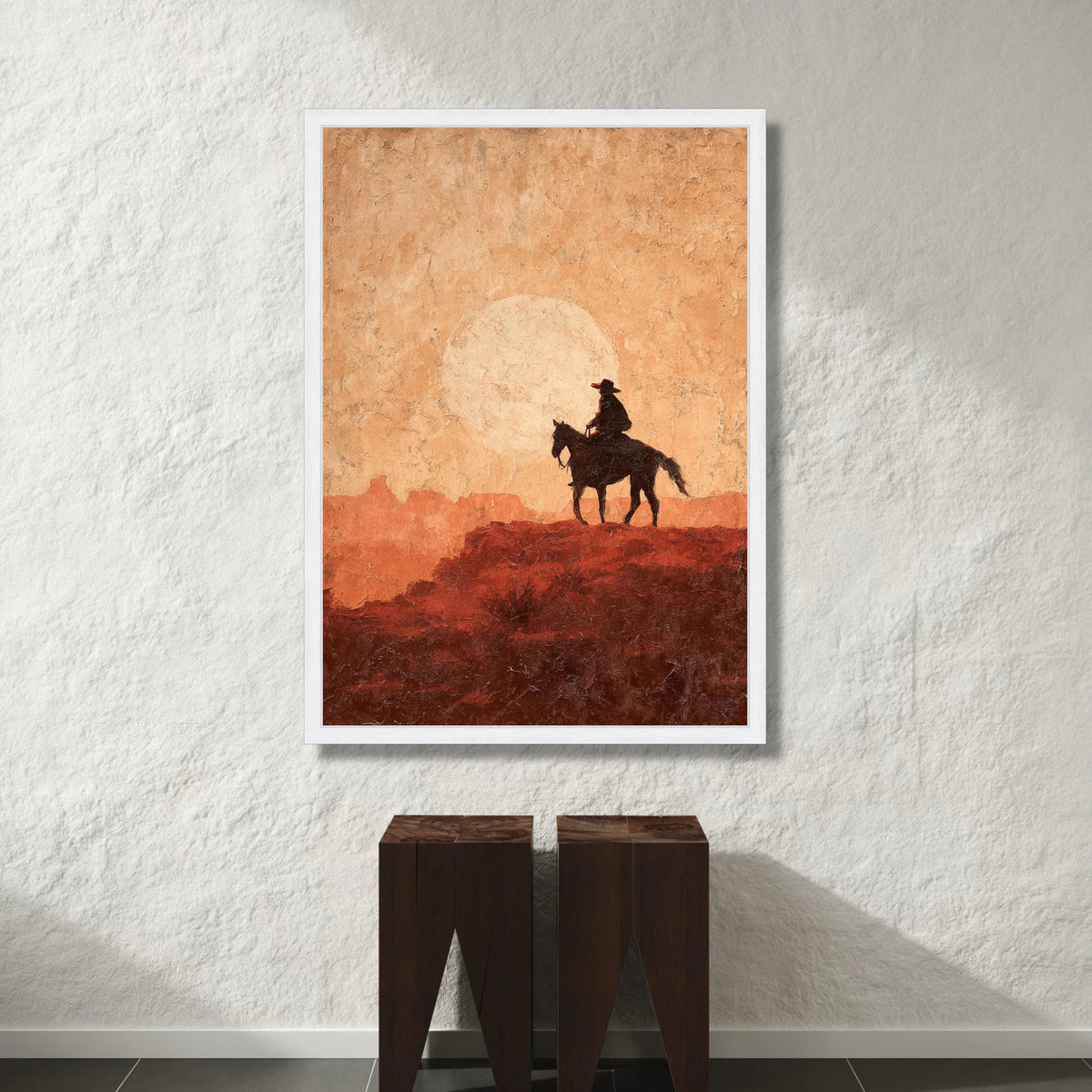 Western Cowboy Silhouette Canvas, Desert Sunset Wall Art, Rustic Horse Rider Decoration, Southwestern Landscape Canvas, Canvas Print Art