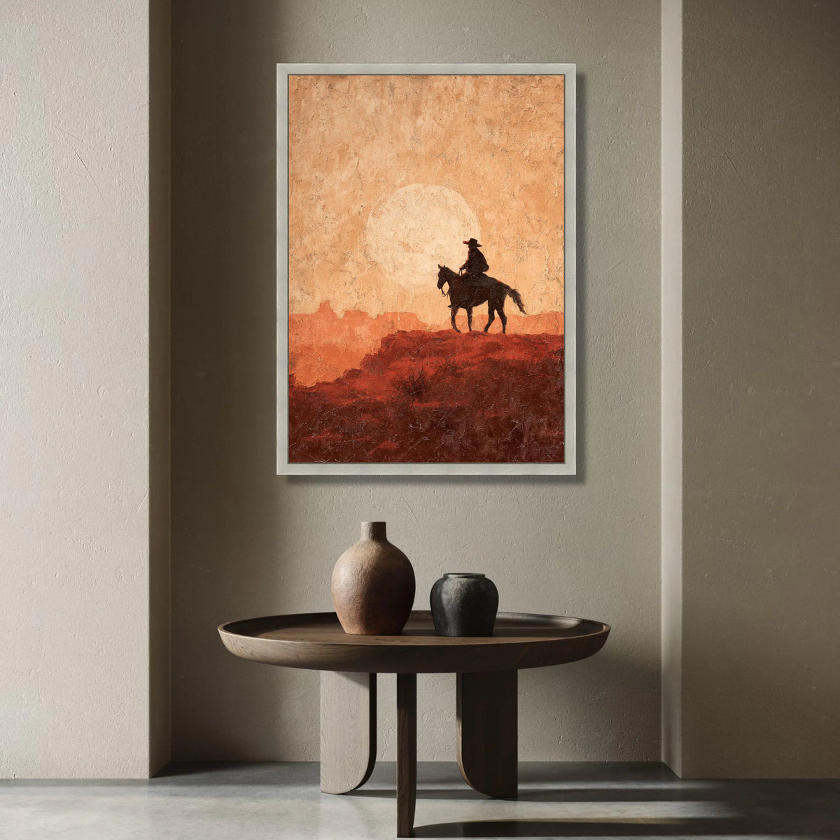 Western Cowboy Silhouette Canvas, Desert Sunset Wall Art, Rustic Horse Rider Decoration, Southwestern Landscape Canvas, Canvas Print Art