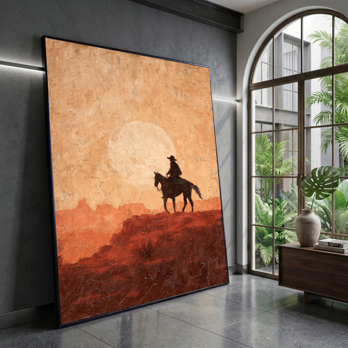 Western Cowboy Silhouette Canvas, Desert Sunset Wall Art, Rustic Horse Rider Decoration, Southwestern Landscape Canvas, Canvas Print Art