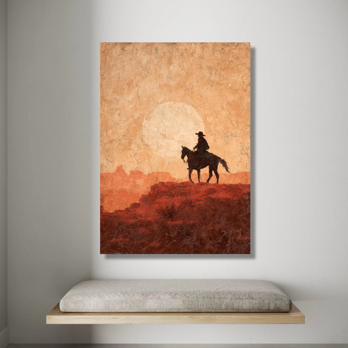 Western Cowboy Silhouette Canvas, Desert Sunset Wall Art, Rustic Horse Rider Decoration, Southwestern Landscape Canvas, Canvas Print Art