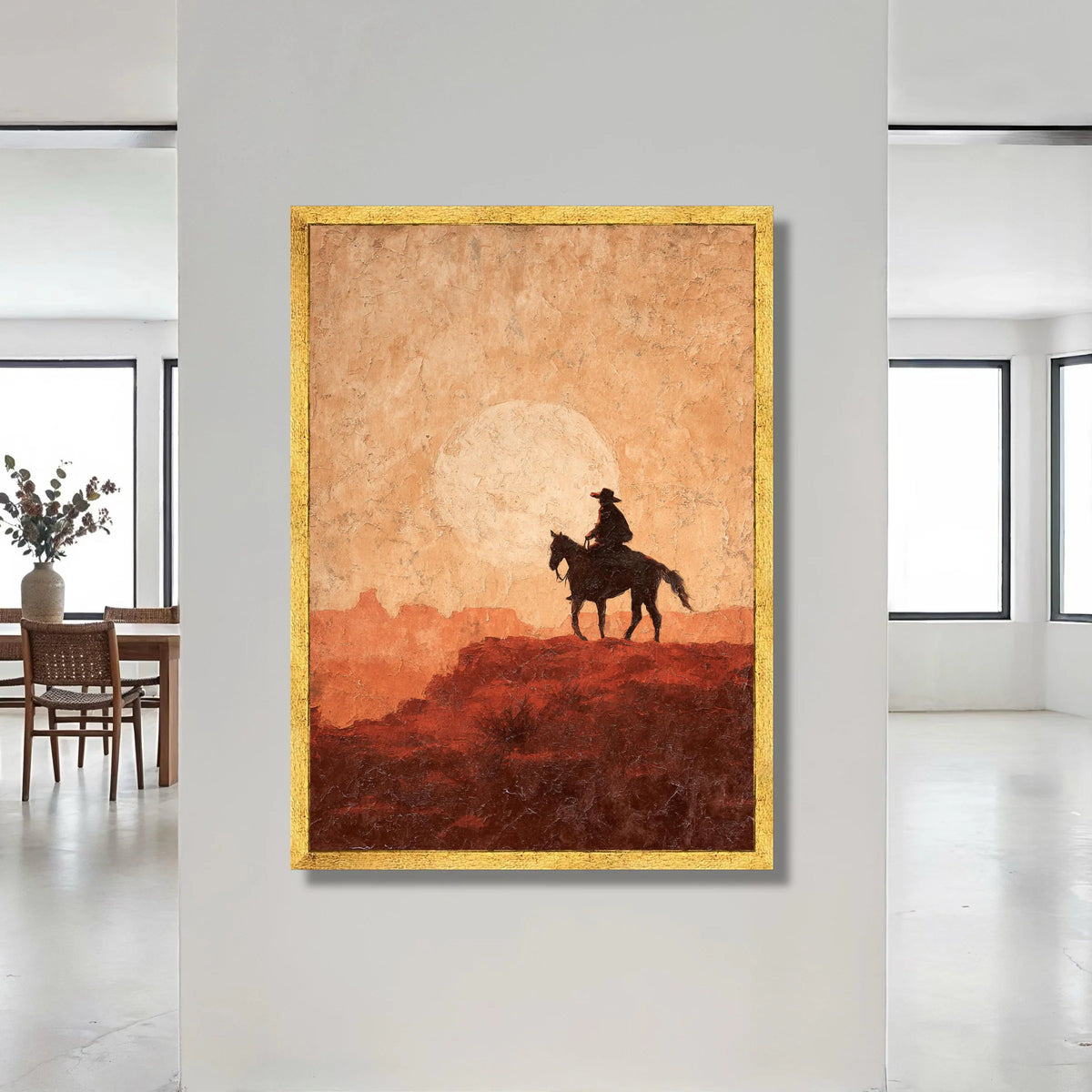 Western Cowboy Silhouette Canvas, Desert Sunset Wall Art, Rustic Horse Rider Decoration, Southwestern Landscape Canvas, Canvas Print Art