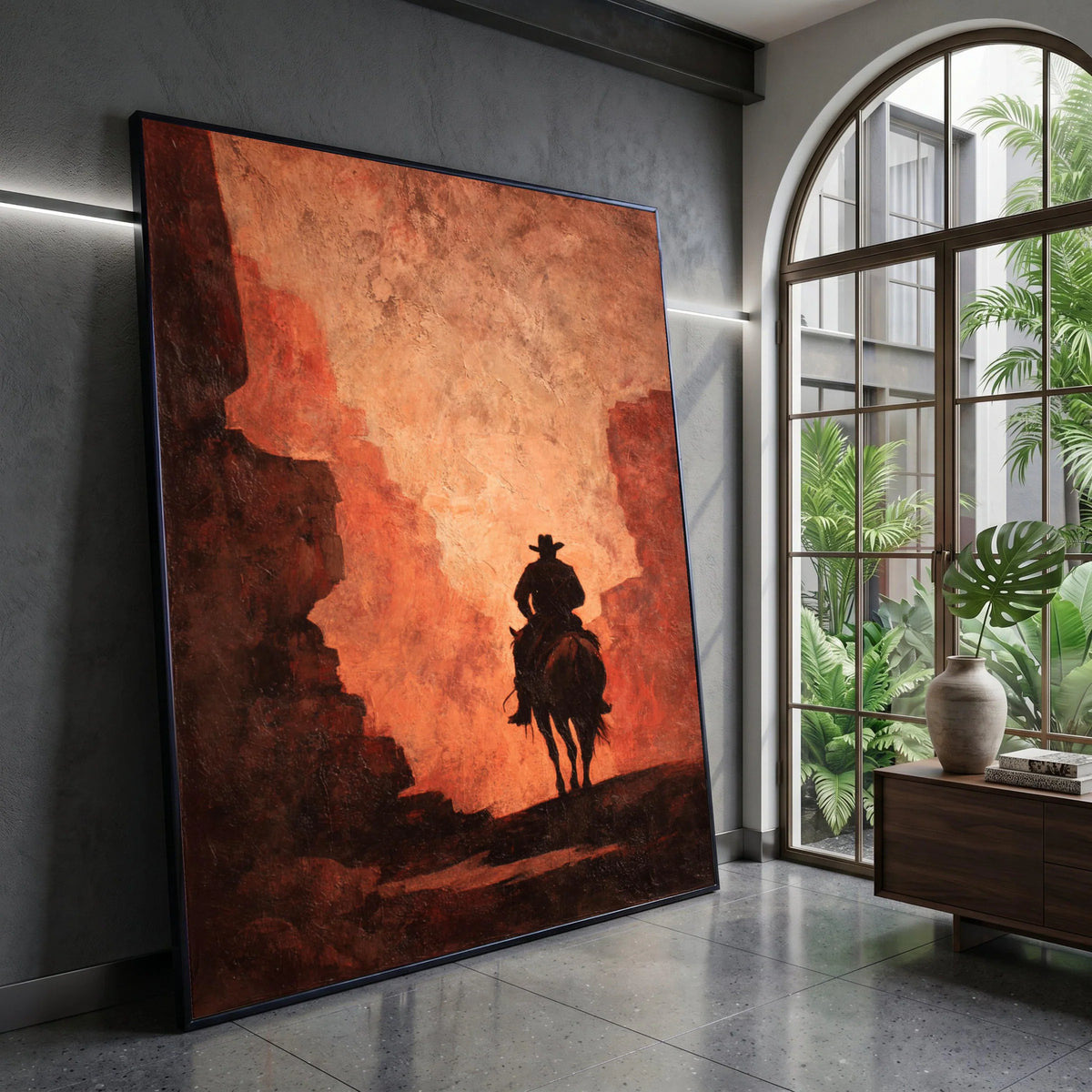 Lone Cowboy Silhouette, Western Horse Rider Canvas, Rustic Desert Scene Wall Art, Vintage Canyon Landscape, Southwestern Canvas Print Art