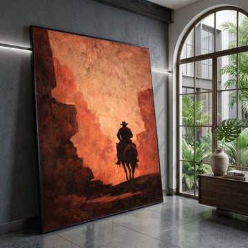 Lone Cowboy Silhouette, Western Horse Rider Canvas, Rustic Desert Scene Wall Art, Vintage Canyon Landscape, Southwestern Canvas Print Art