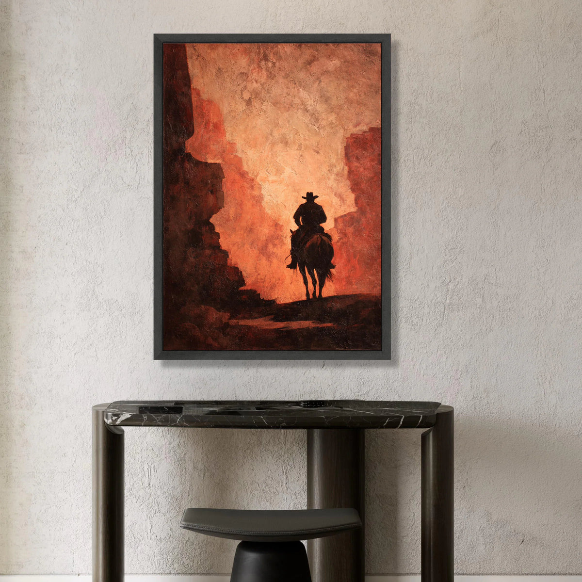 Lone Cowboy Silhouette, Western Horse Rider Canvas, Rustic Desert Scene Wall Art, Vintage Canyon Landscape, Southwestern Canvas Print Art
