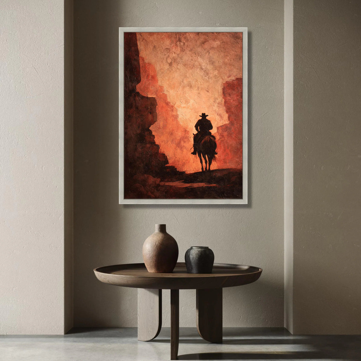 Lone Cowboy Silhouette, Western Horse Rider Canvas, Rustic Desert Scene Wall Art, Vintage Canyon Landscape, Southwestern Canvas Print Art