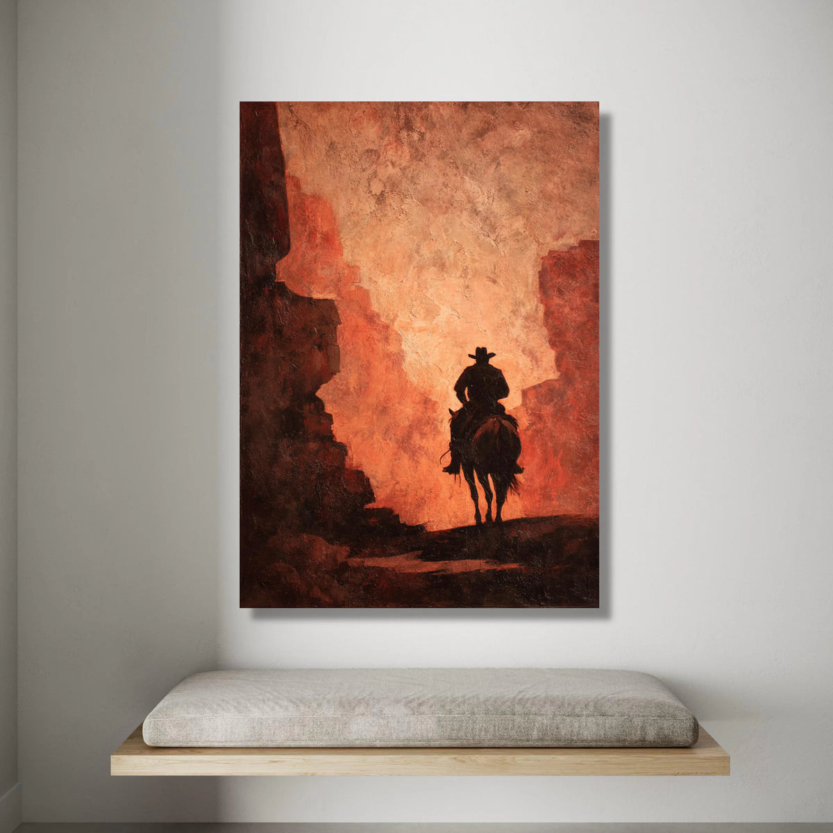 Lone Cowboy Silhouette, Western Horse Rider Canvas, Rustic Desert Scene Wall Art, Vintage Canyon Landscape, Southwestern Canvas Print Art