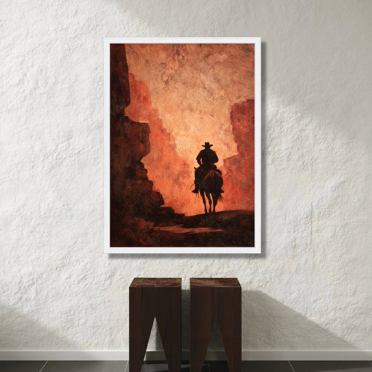 Lone Cowboy Silhouette, Western Horse Rider Canvas, Rustic Desert Scene Wall Art, Vintage Canyon Landscape, Southwestern Canvas Print Art