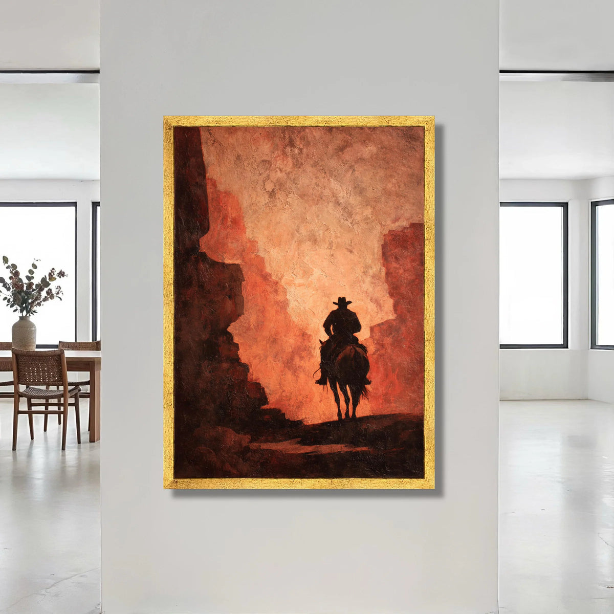 Lone Cowboy Silhouette, Western Horse Rider Canvas, Rustic Desert Scene Wall Art, Vintage Canyon Landscape, Southwestern Canvas Print Art