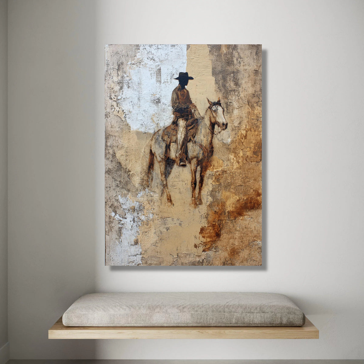 Western Cowboy on Horse Canvas, Rustic Brown Riding Art, Vintage Western Wall Decor, Country Life Canvas, Equestrian Home Canvas Print Art