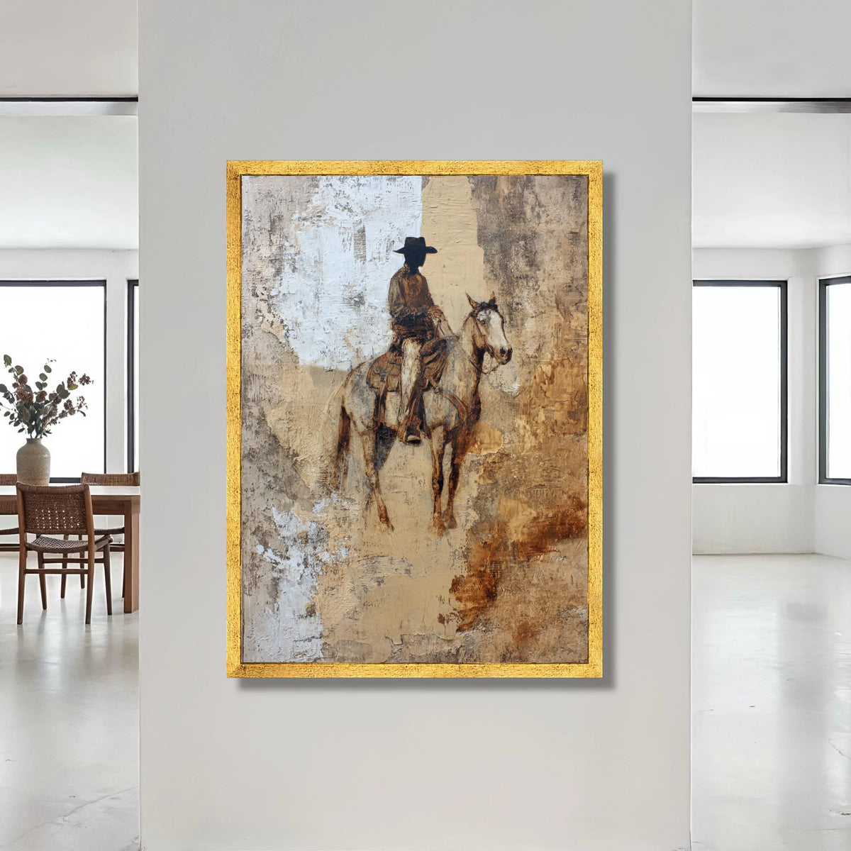 Western Cowboy on Horse Canvas, Rustic Brown Riding Art, Vintage Western Wall Decor, Country Life Canvas, Equestrian Home Canvas Print Art