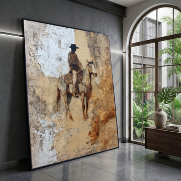 Western Cowboy on Horse Canvas, Rustic Brown Riding Art, Vintage Western Wall Decor, Country Life Canvas, Equestrian Home Canvas Print Art